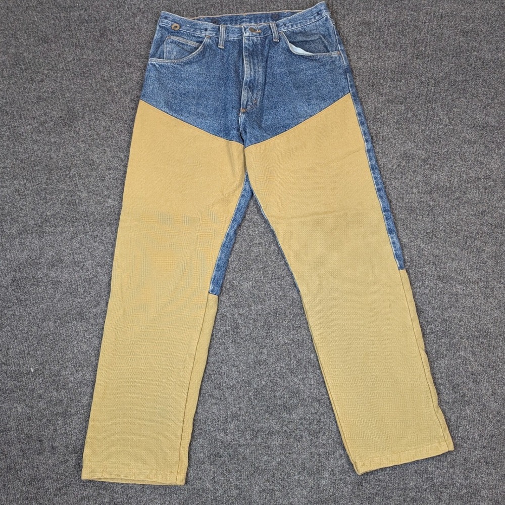 Wrangler Rugged Wear Blue Denim Tan Canvas Brush Hunting Pants Made in USA 36x32